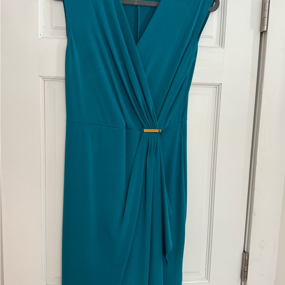 Michael Kors Teal Sleeveless Faux-Wrap Dress with Gold Accent Bar